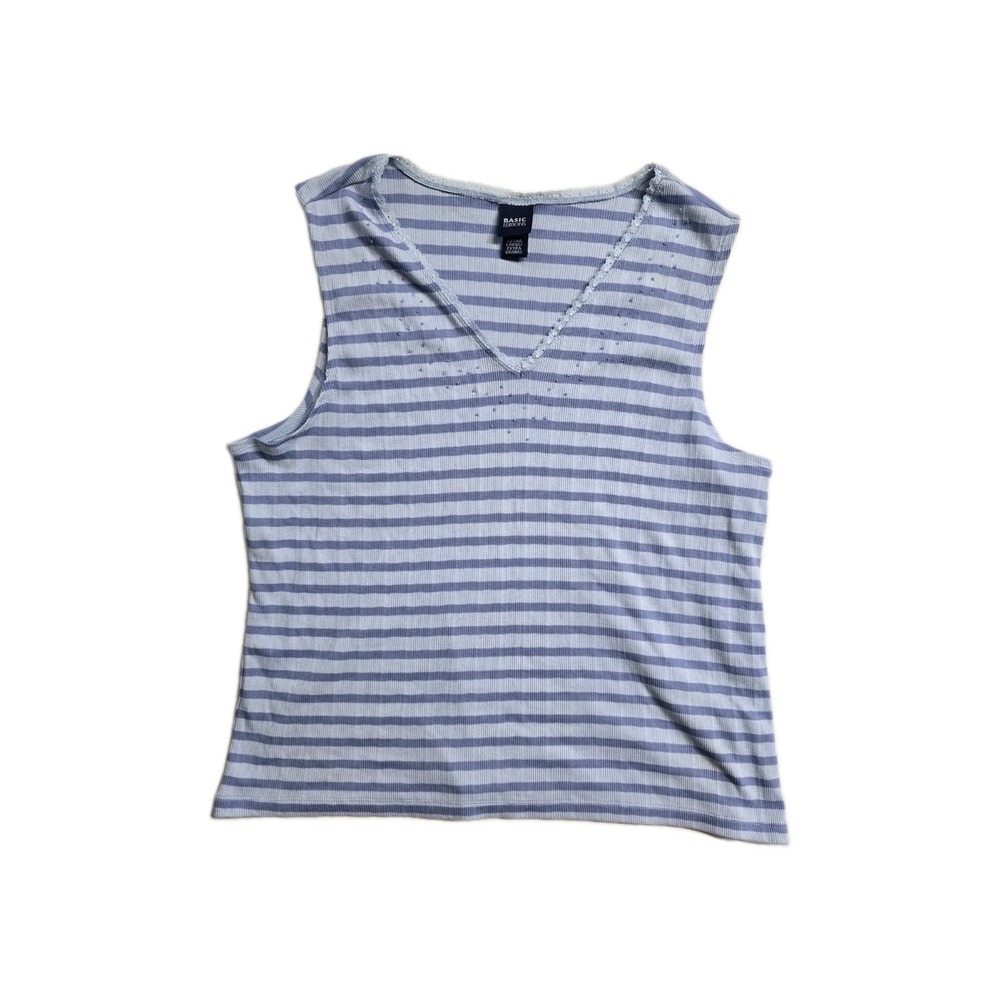 Basic Editions Women's XL Cotton Striped Tank Embroidered Blue - Picture 1 of 3